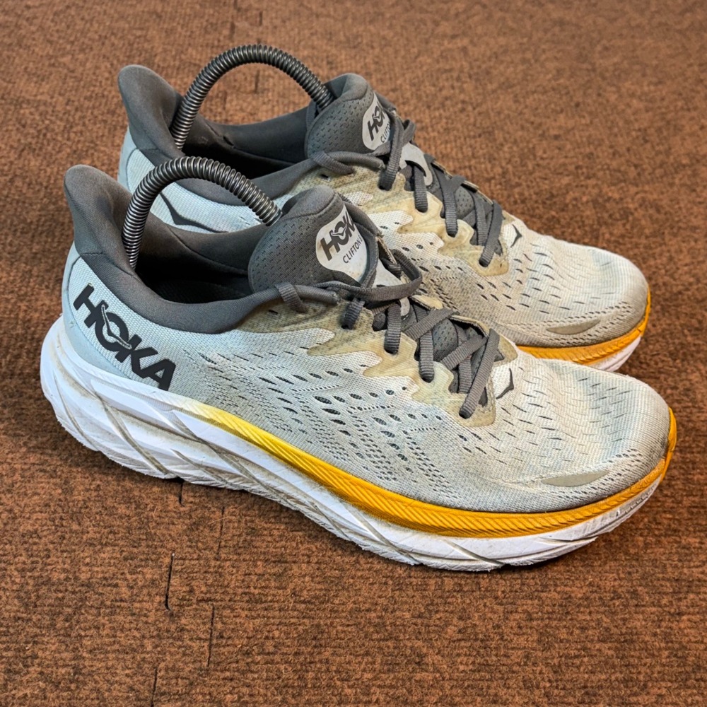 B- Hoka Clifton 8 Mens gym Running Shoes Blue Fog Yellow 1119393 BFPA Size 9 D